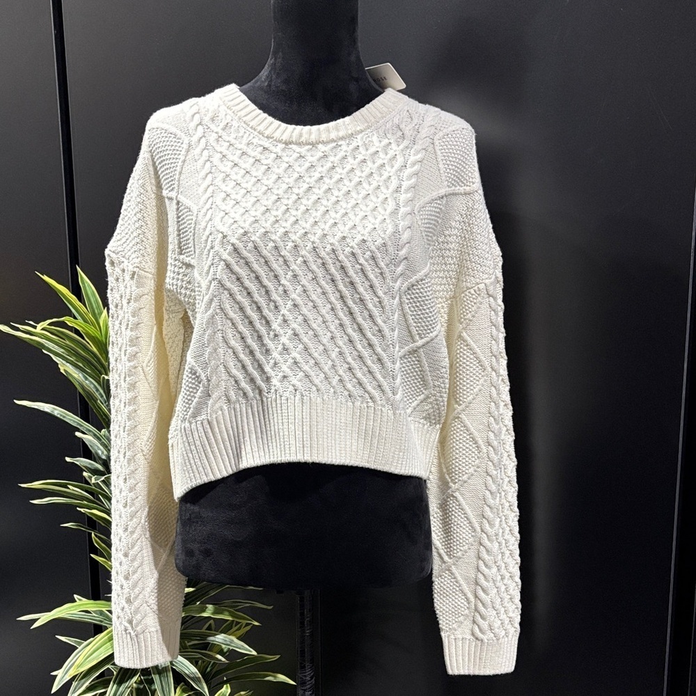 Pink Rose Cable Knit,cropped crewneck,rib knit wrist/waist pullover sweater